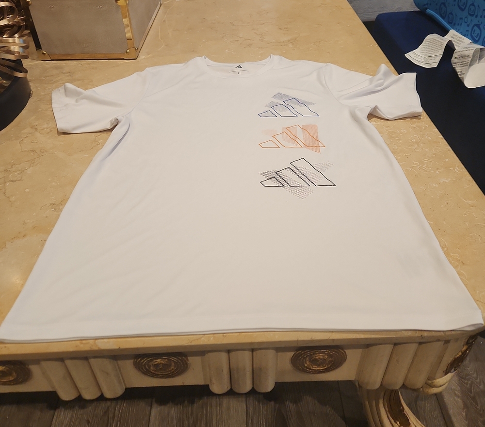 adidas White Short-Sleeve Tee with Blue, Orange & Black Logos